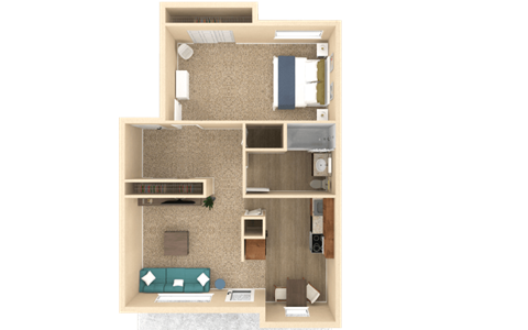 a 3d rendering of a furnished apartment with a bedroom and a living room